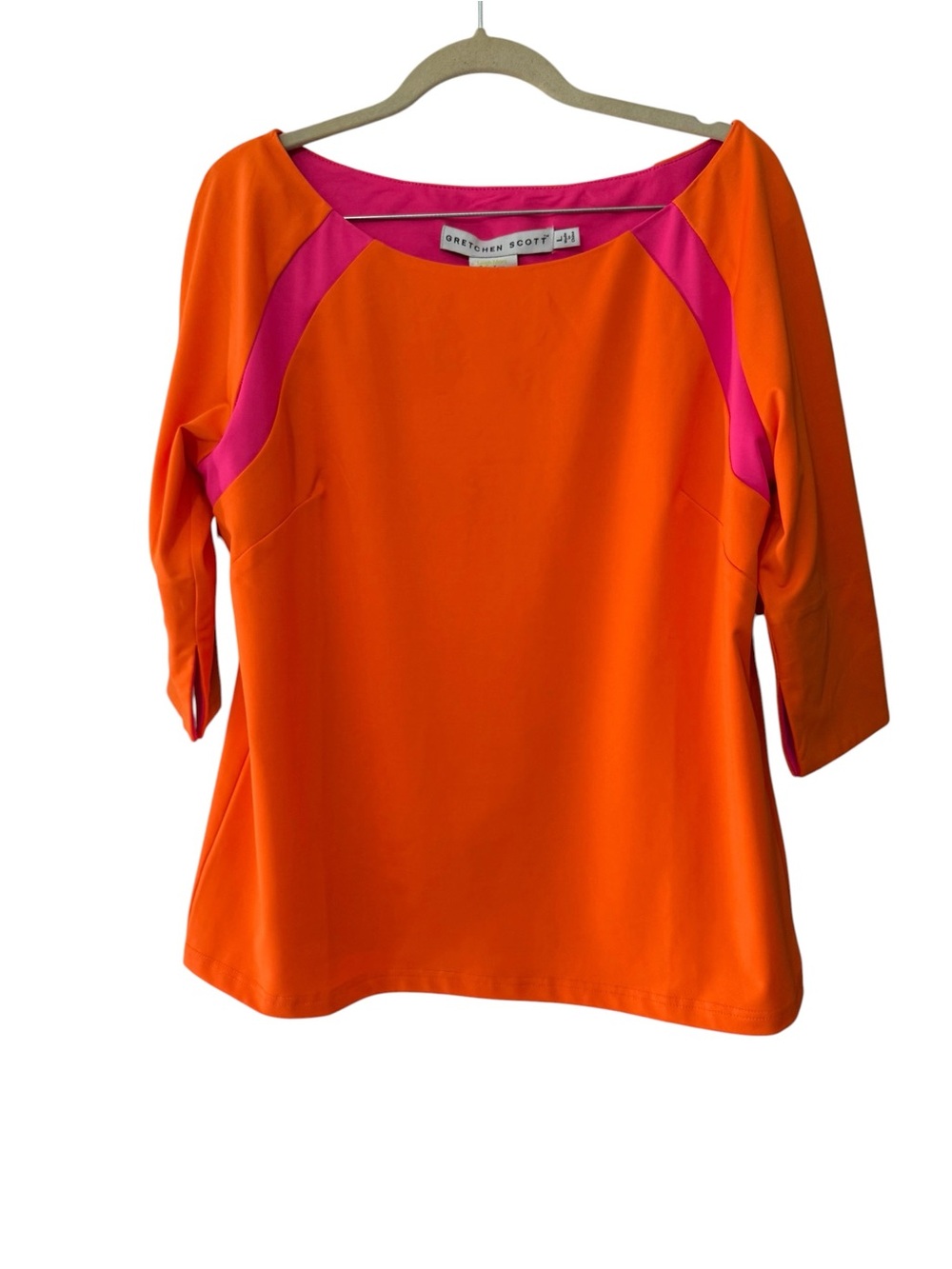 NWT Gretchen Scott Jersey Tee Topper Color Block Top Orange Pink Large - Picture 2 of 8
